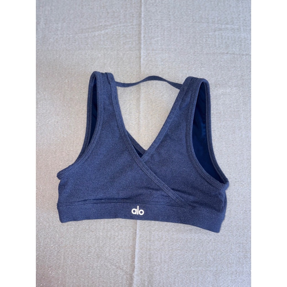 Alo Yoga togetherness Surplice Ribbed Sports Bra Small Blue Wrap Front Racerback